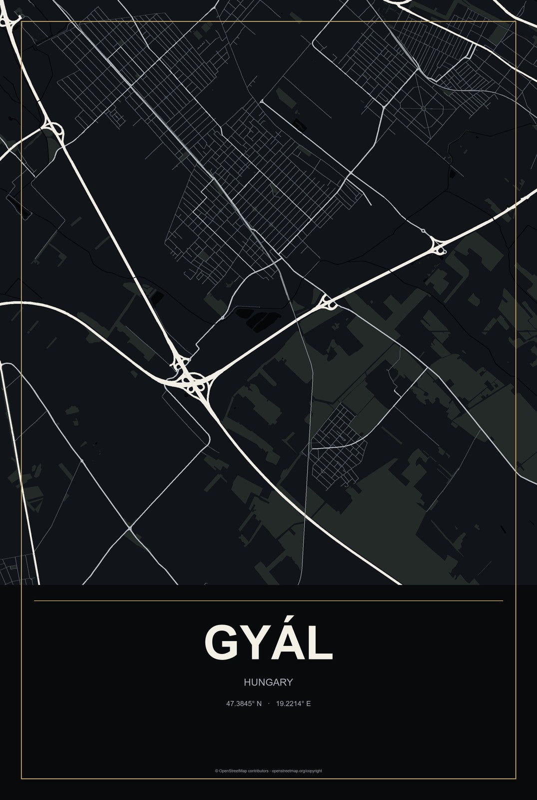Gyál, Hungary City Map Aluminum Sign in Metropolitan Noir style