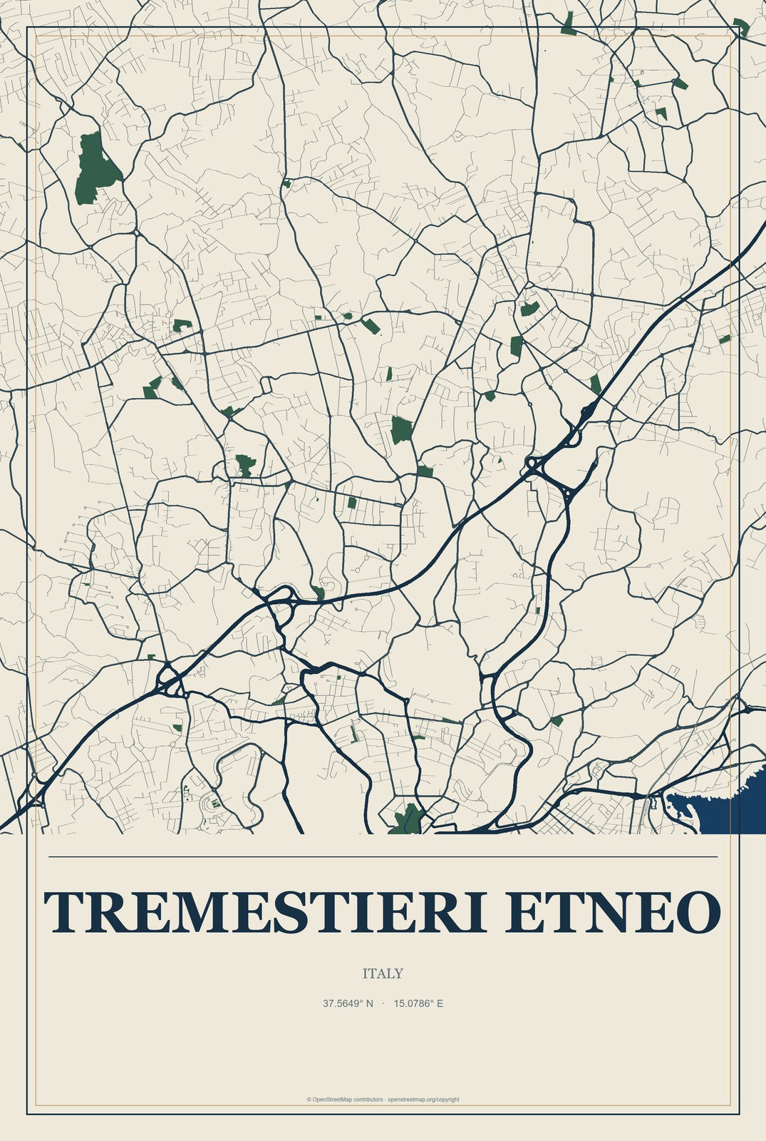 Tremestieri Etneo, Italy City Map Aluminum Sign in Coastal Cutout style
