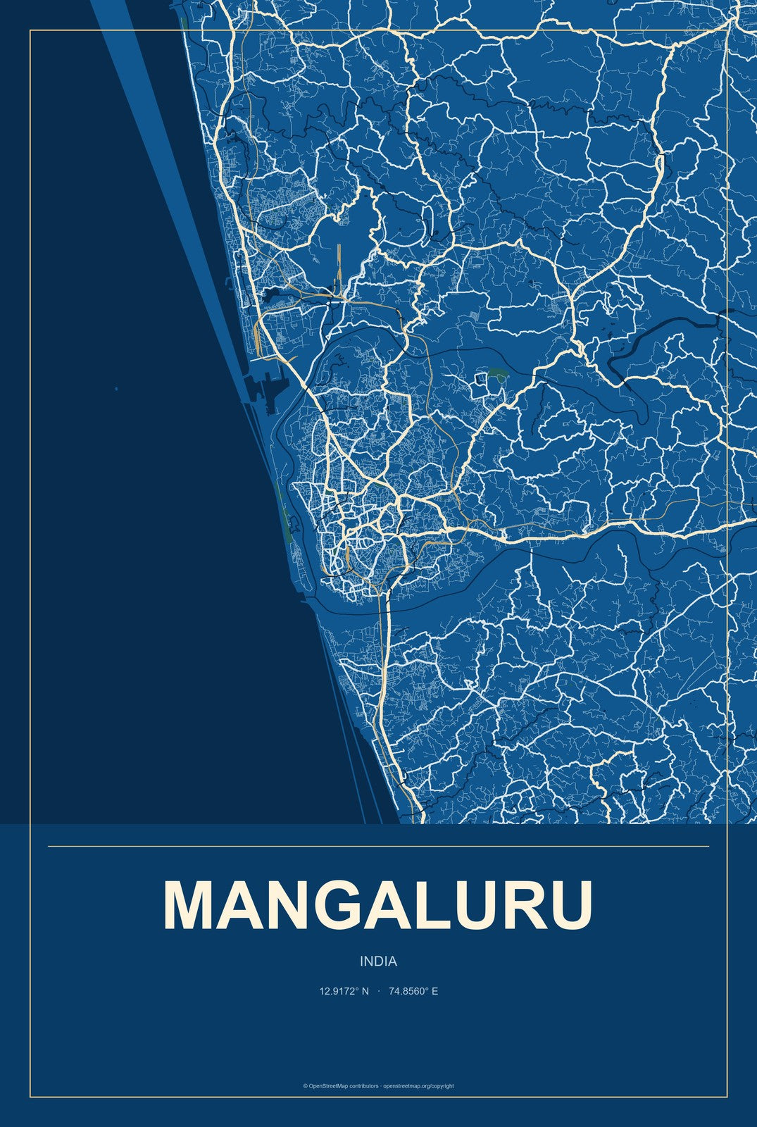 Mangaluru, India City Map Aluminum Sign in Harbor Cobalt style