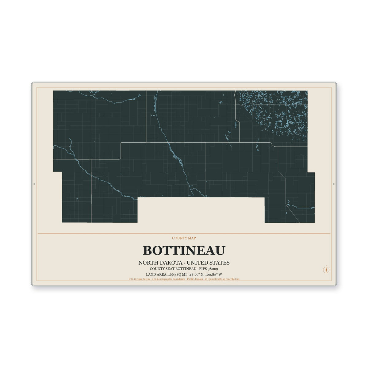Bottineau County, North Dakota Map Aluminum Sign in Headline Atlas style