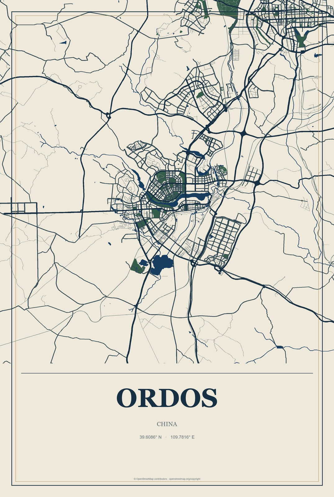 Ordos, China City Map Aluminum Sign in Coastal Cutout style