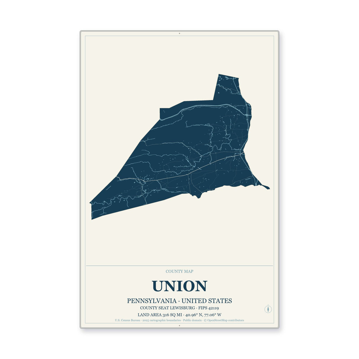 Union County, Pennsylvania Map Aluminum Sign in Coastal Cutout style