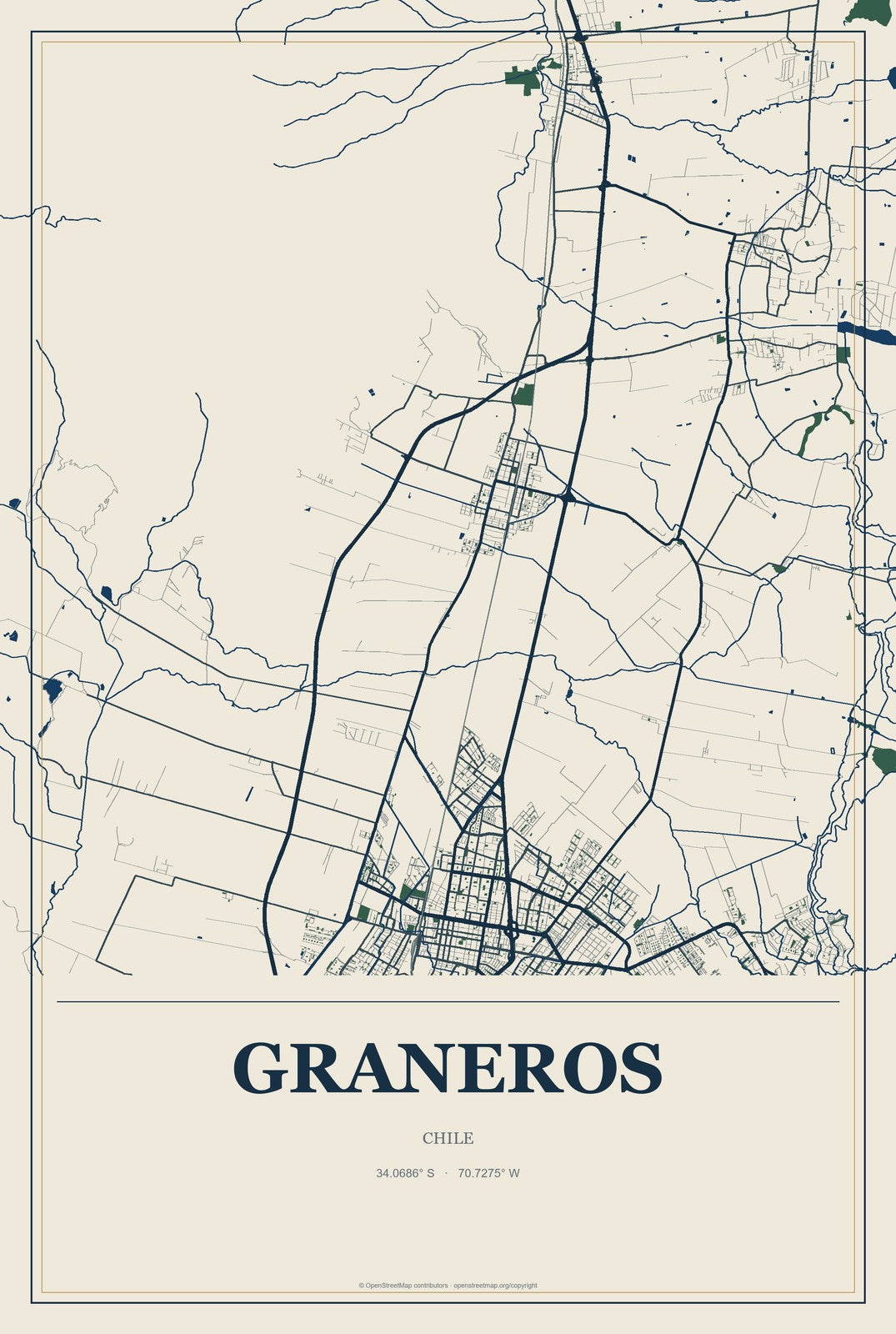Graneros, Chile City Map Aluminum Sign in Coastal Cutout style
