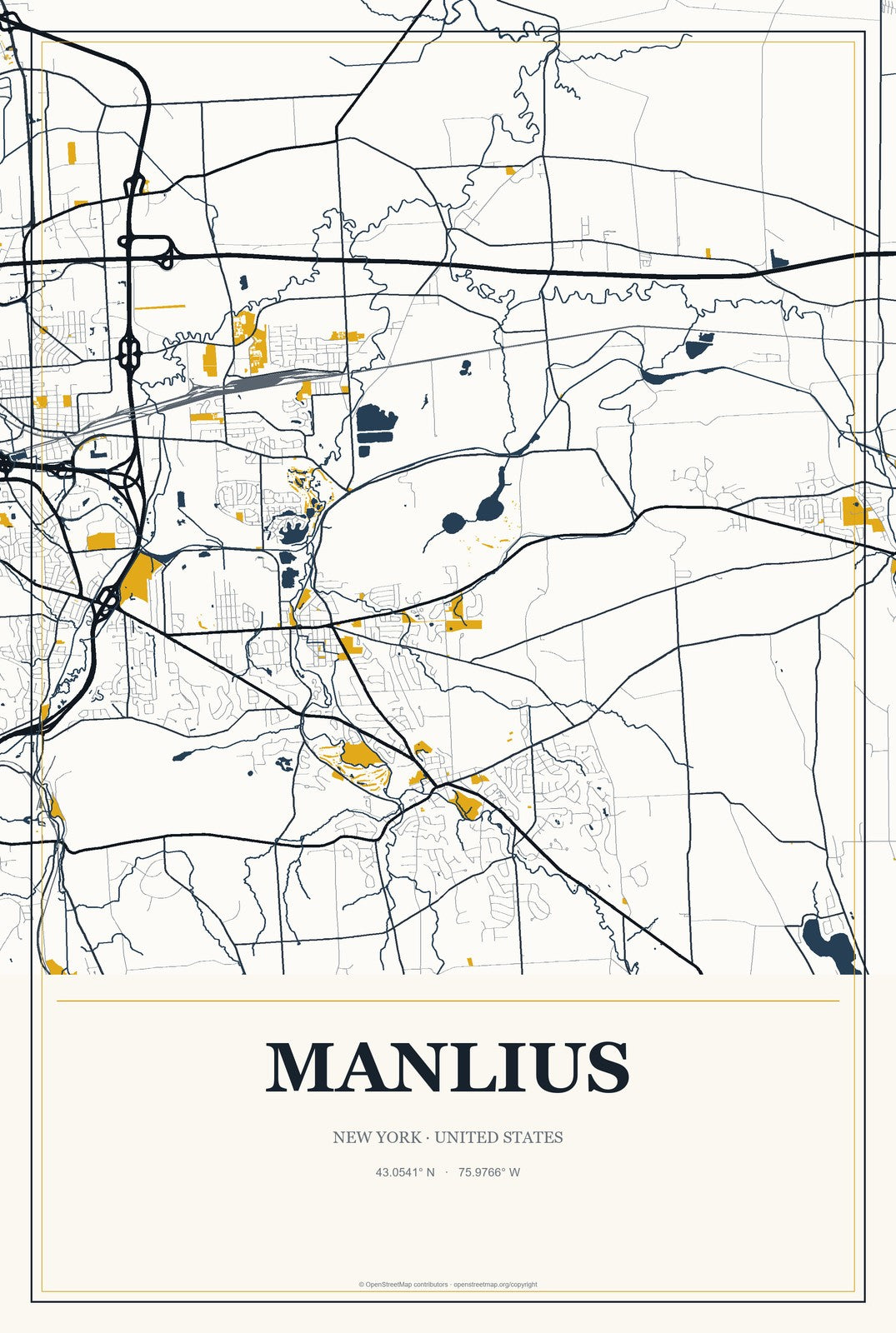 Manlius, New York City Map Aluminum Sign in Citrine Modern style
