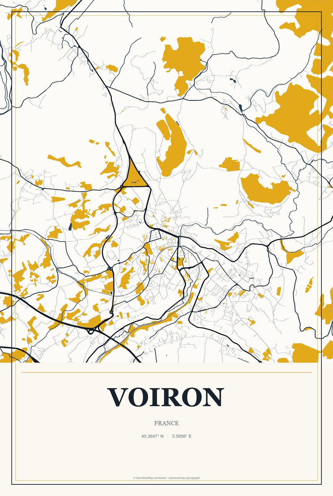 Voiron, France City Map Aluminum Sign in Citrine Modern style
