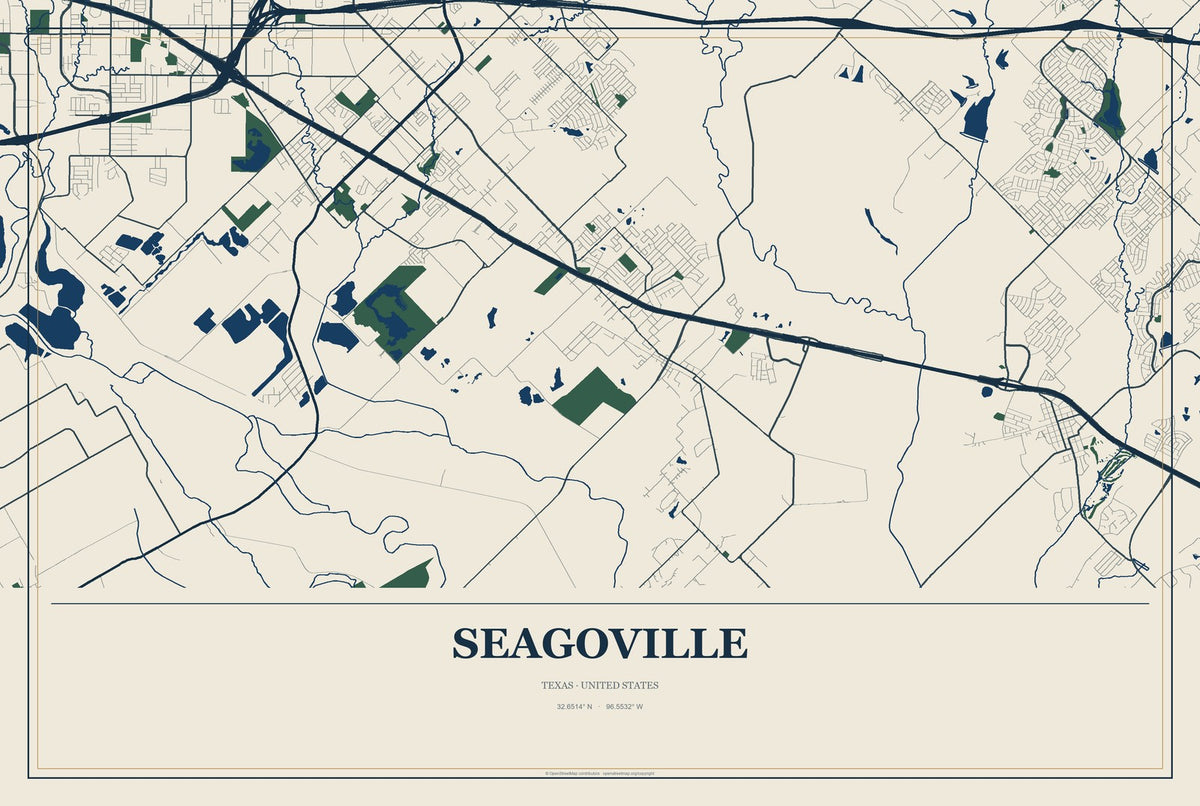 Seagoville, Texas City Map Aluminum Sign in Coastal Cutout style