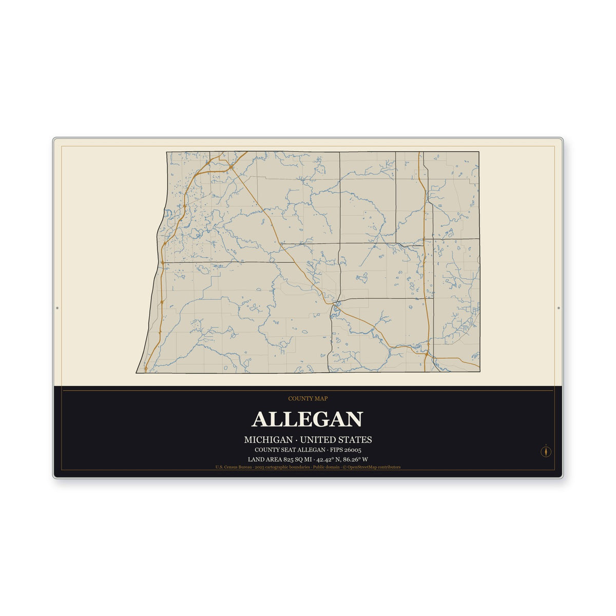 Allegan County, Michigan Map Aluminum Sign in Museum Plaque style
