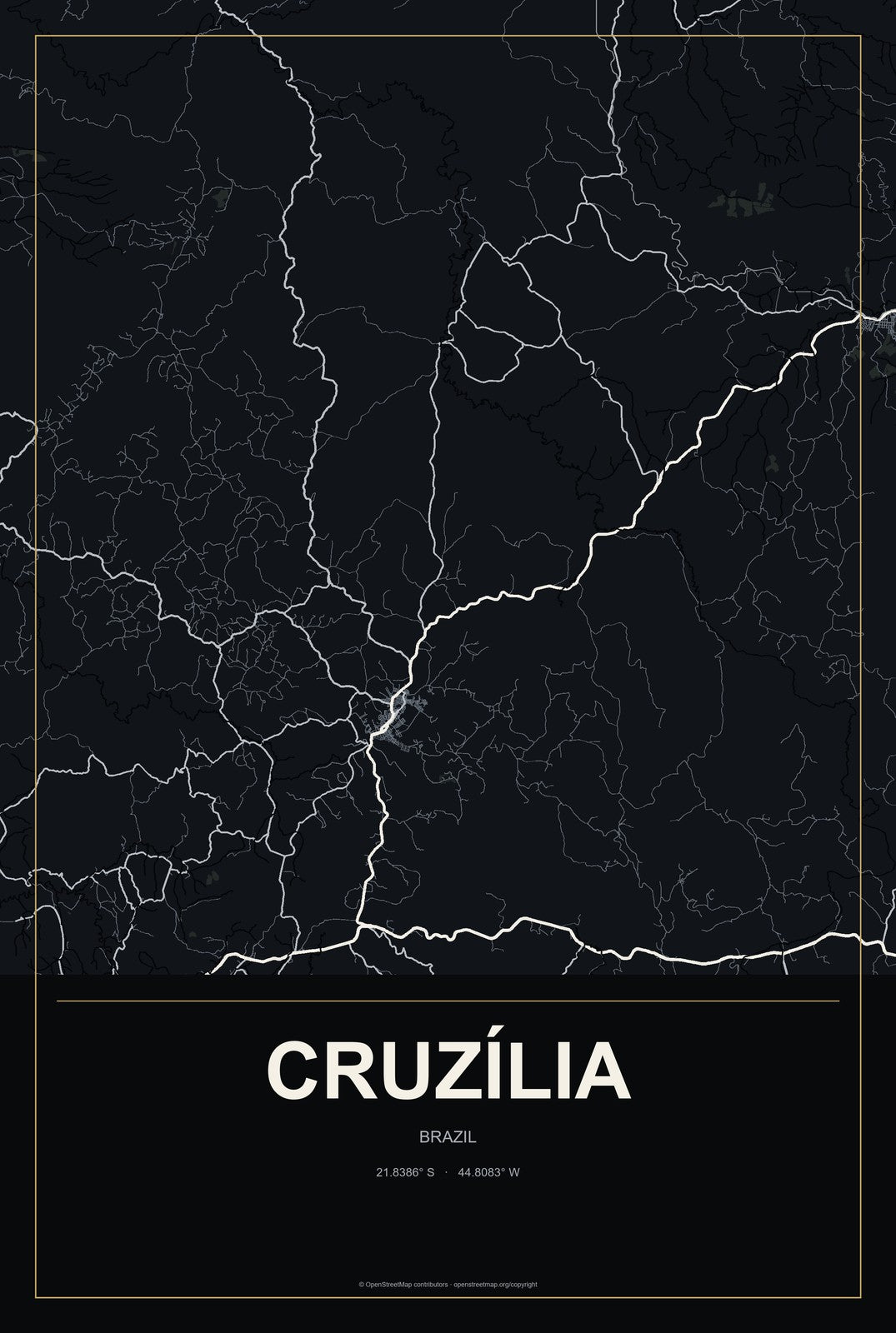 Cruzília, Brazil City Map Aluminum Sign in Metropolitan Noir style