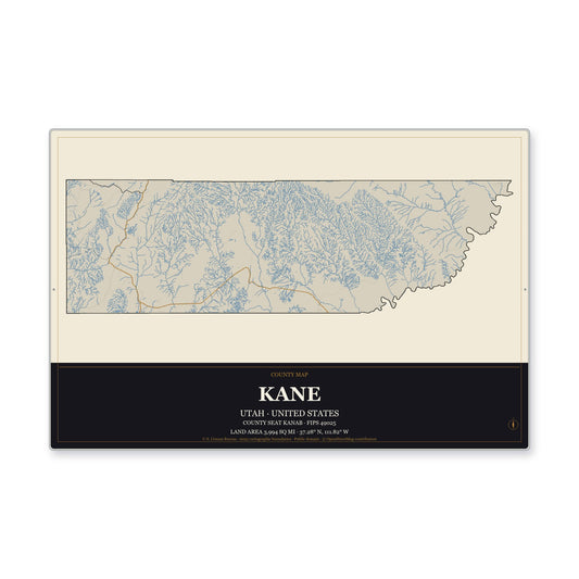 Kane County, Utah Map Aluminum Sign in Museum Plaque style