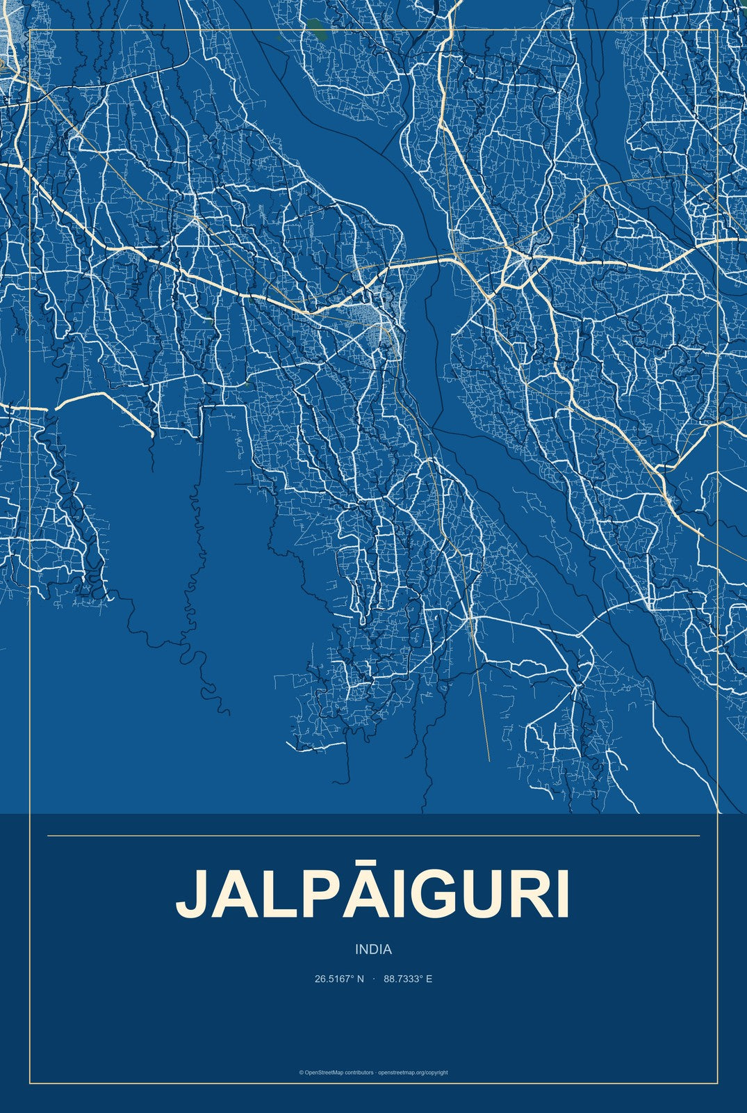 Jalpāiguri, India City Map Aluminum Sign in Harbor Cobalt style