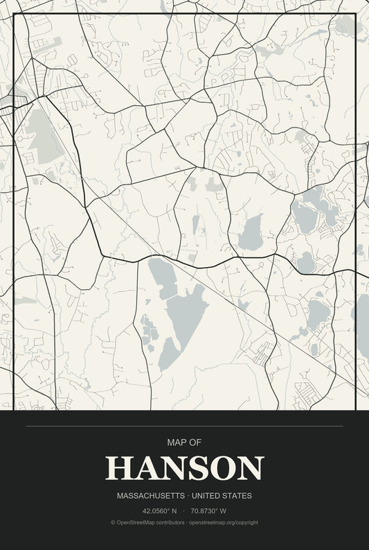 Hanson, Massachusetts City Map Aluminum Sign in Museum Plaque style