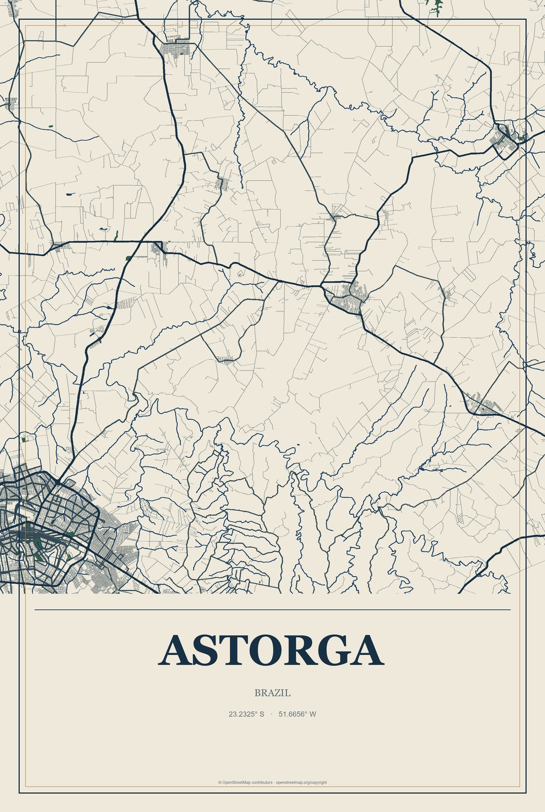 Astorga, Brazil City Map Aluminum Sign in Coastal Cutout style