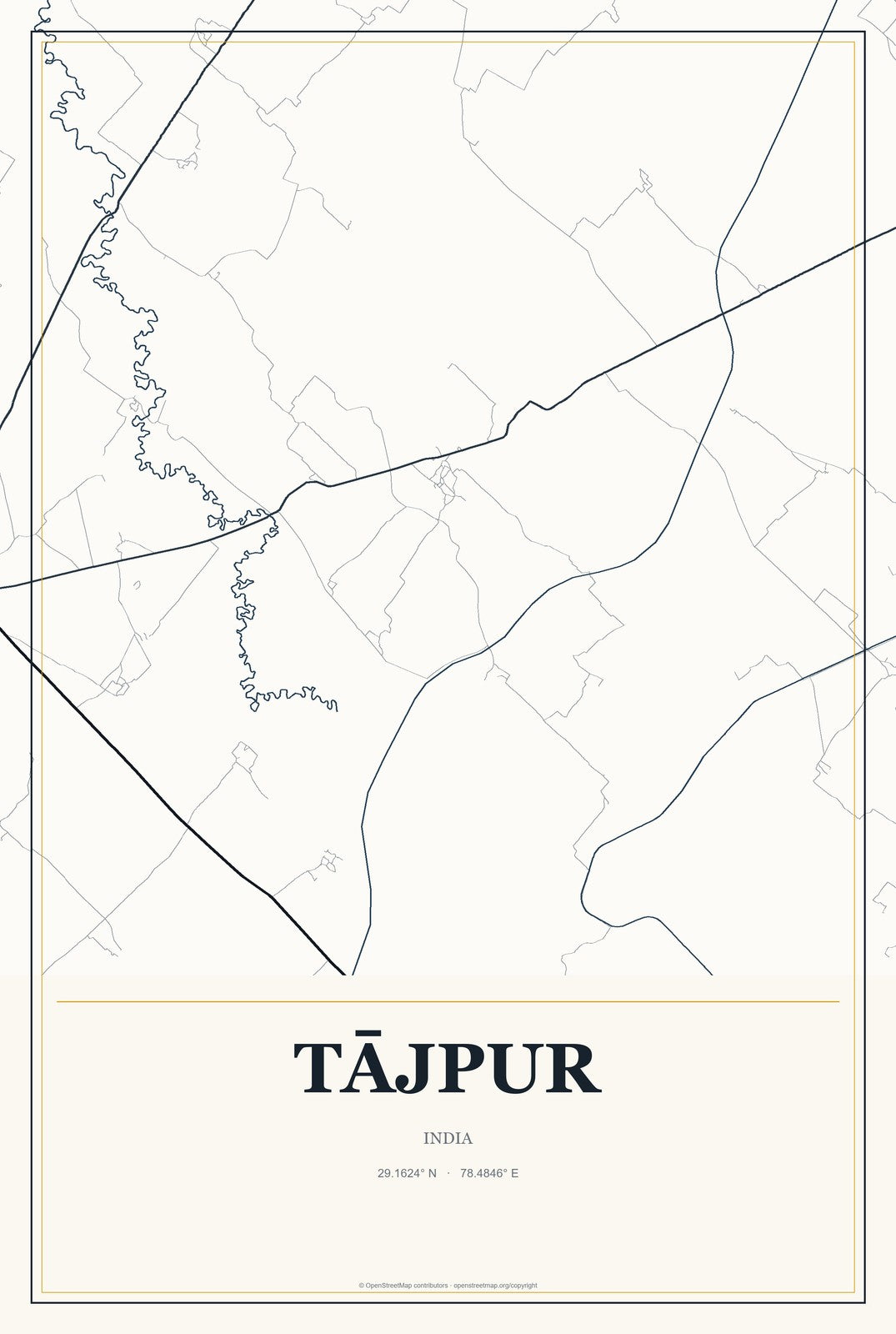 Tājpur, India City Map Aluminum Sign in Citrine Modern style