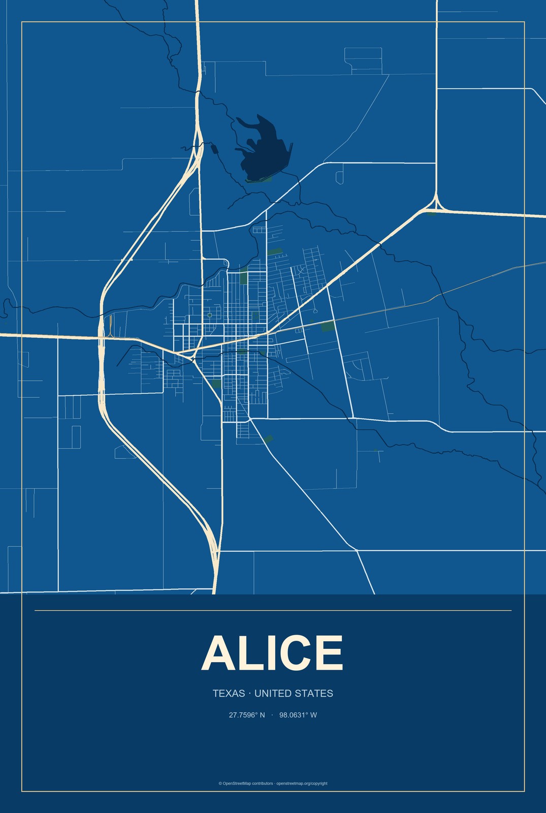 Alice, Texas City Map Aluminum Sign in Harbor Cobalt style