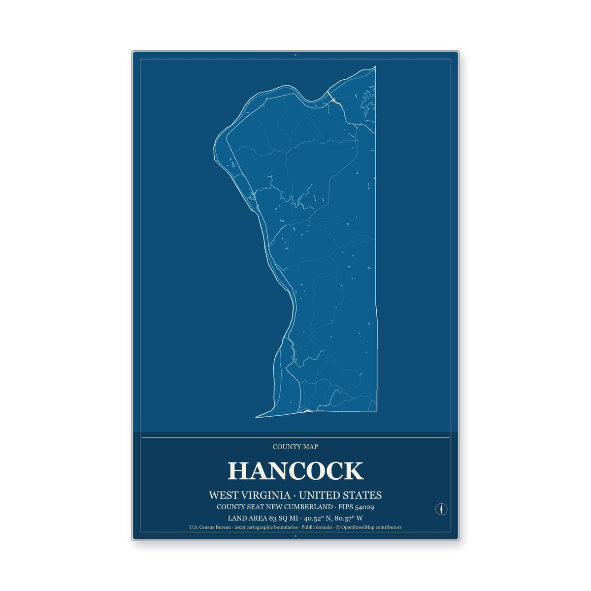 Hancock County, West Virginia Map Aluminum Sign in Harbor Cobalt style