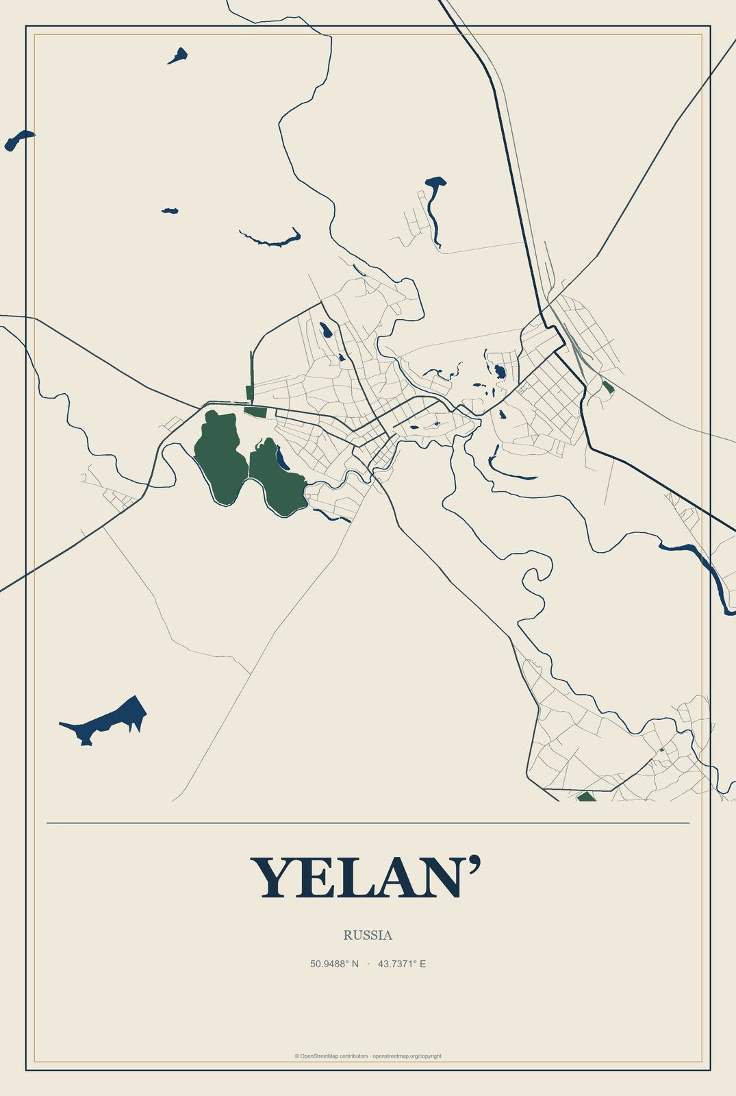 Yelan’, Russia City Map Aluminum Sign in Coastal Cutout style