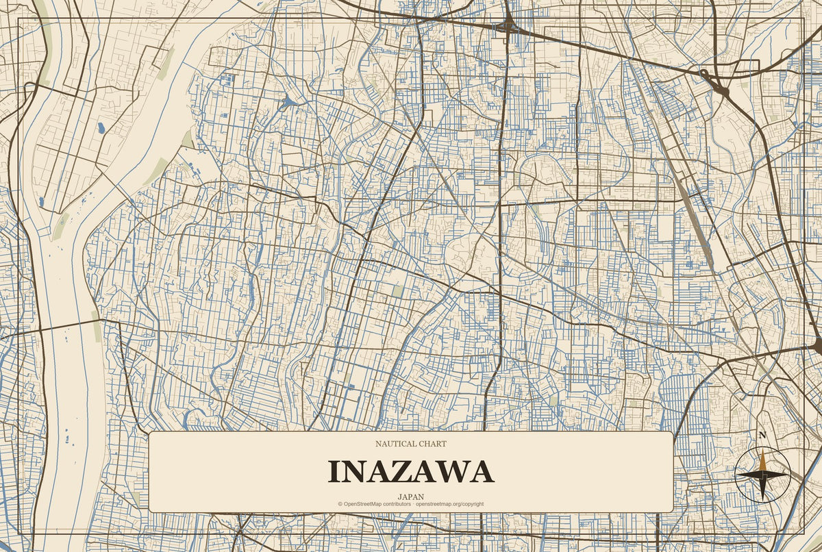Inazawa, Japan City Map Aluminum Sign in Heritage Nautical style