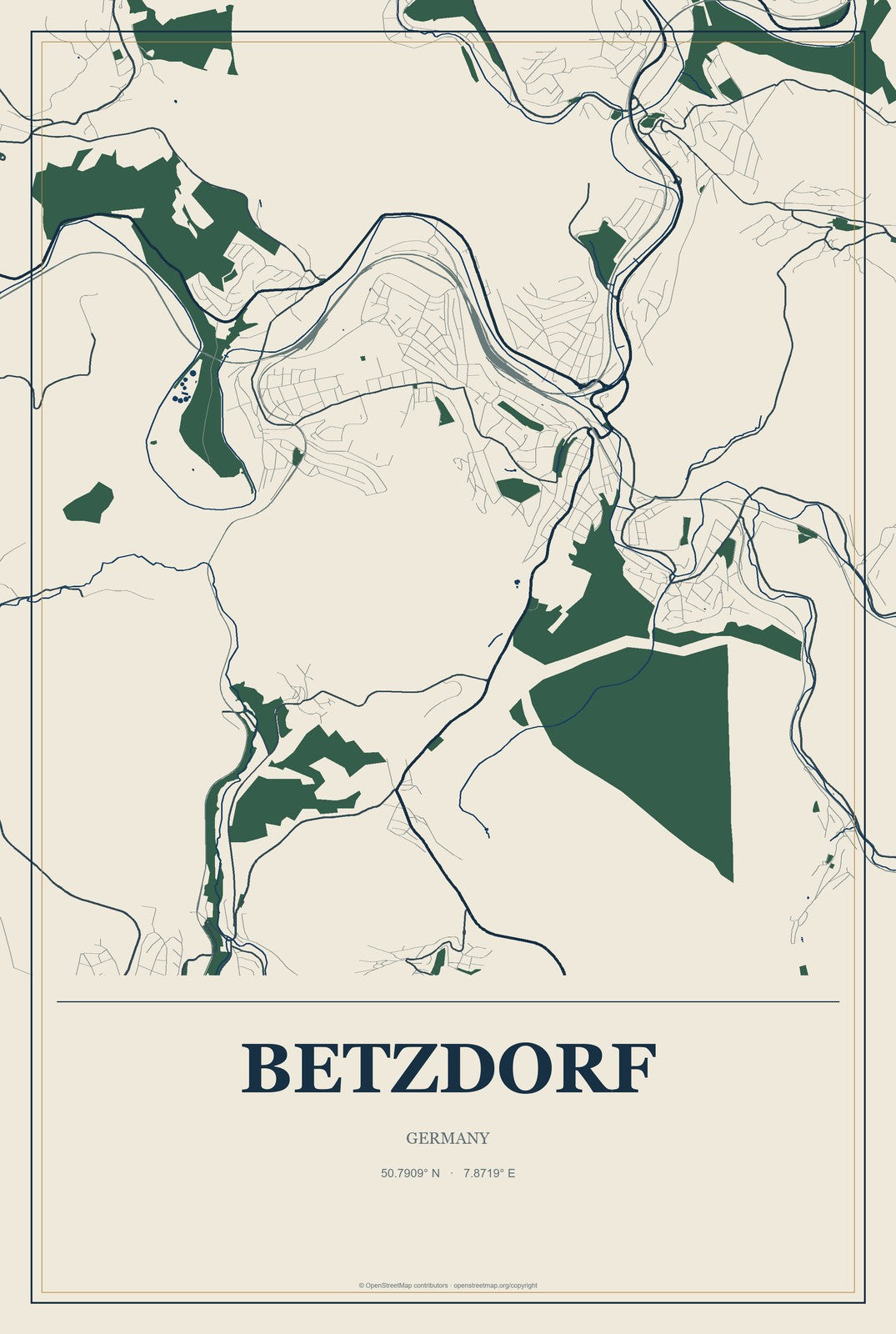 Betzdorf, Germany City Map Aluminum Sign in Coastal Cutout style