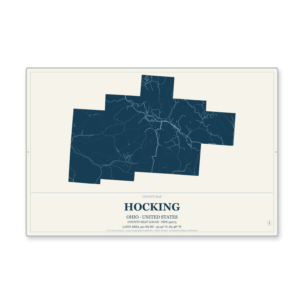 Hocking County, Ohio Map Aluminum Sign in Coastal Cutout style