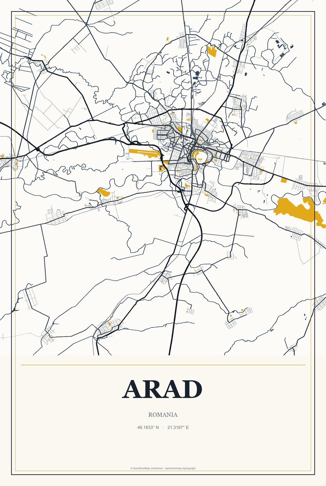 Arad, Romania City Map Aluminum Sign in Citrine Modern style