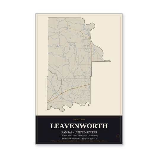 Leavenworth County, Kansas Map Aluminum Sign in Museum Plaque style