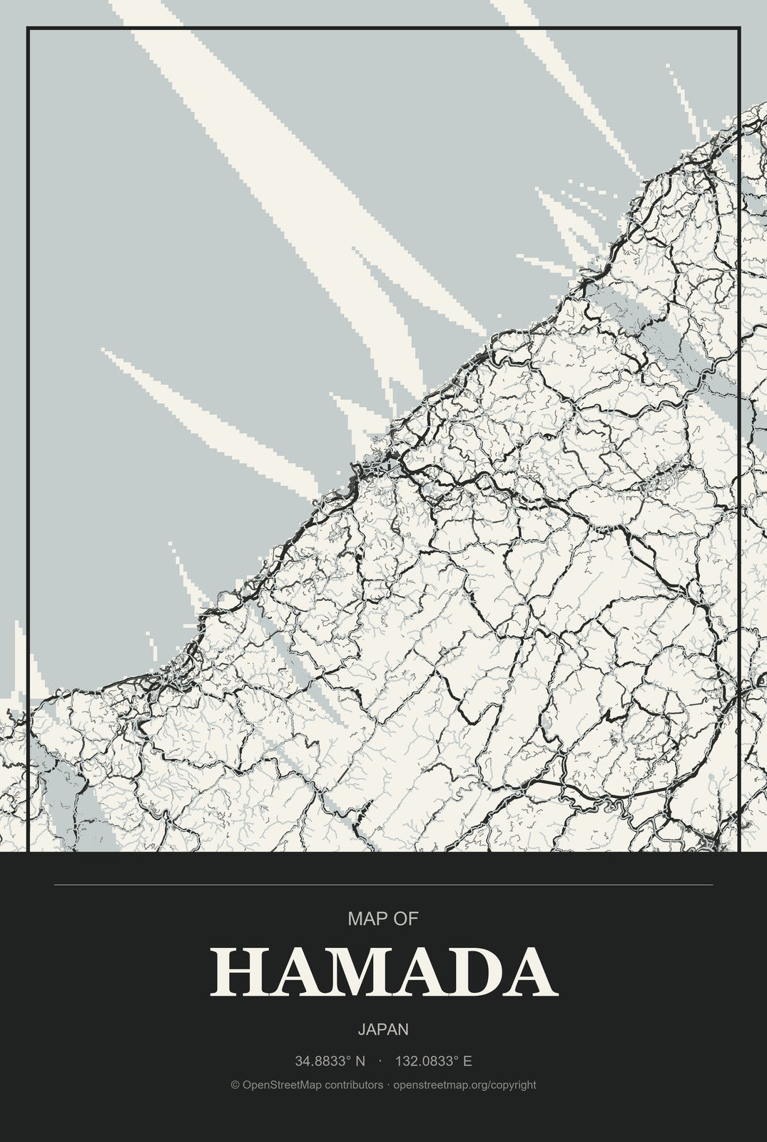 Hamada, Japan City Map Aluminum Sign in Museum Plaque style