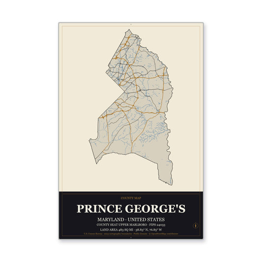 Prince George's County, Maryland Map Aluminum Sign in Museum Plaque style