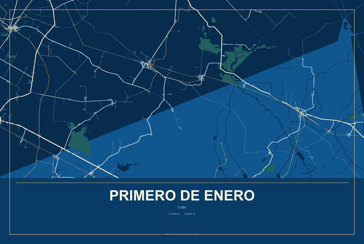 Primero de Enero, Cuba City Map Aluminum Sign in Harbor Cobalt style
