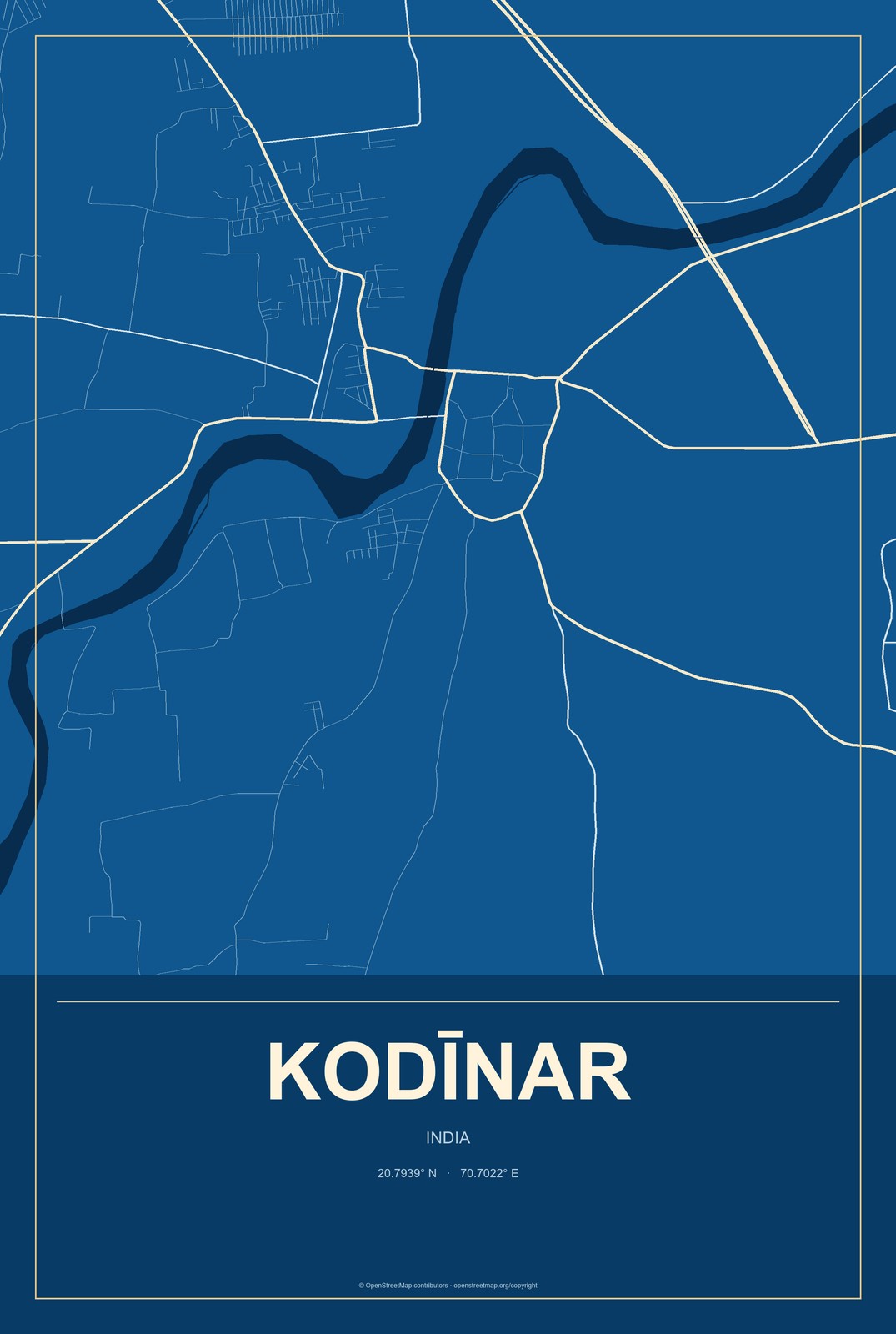 Kodīnar, India City Map Aluminum Sign in Harbor Cobalt style