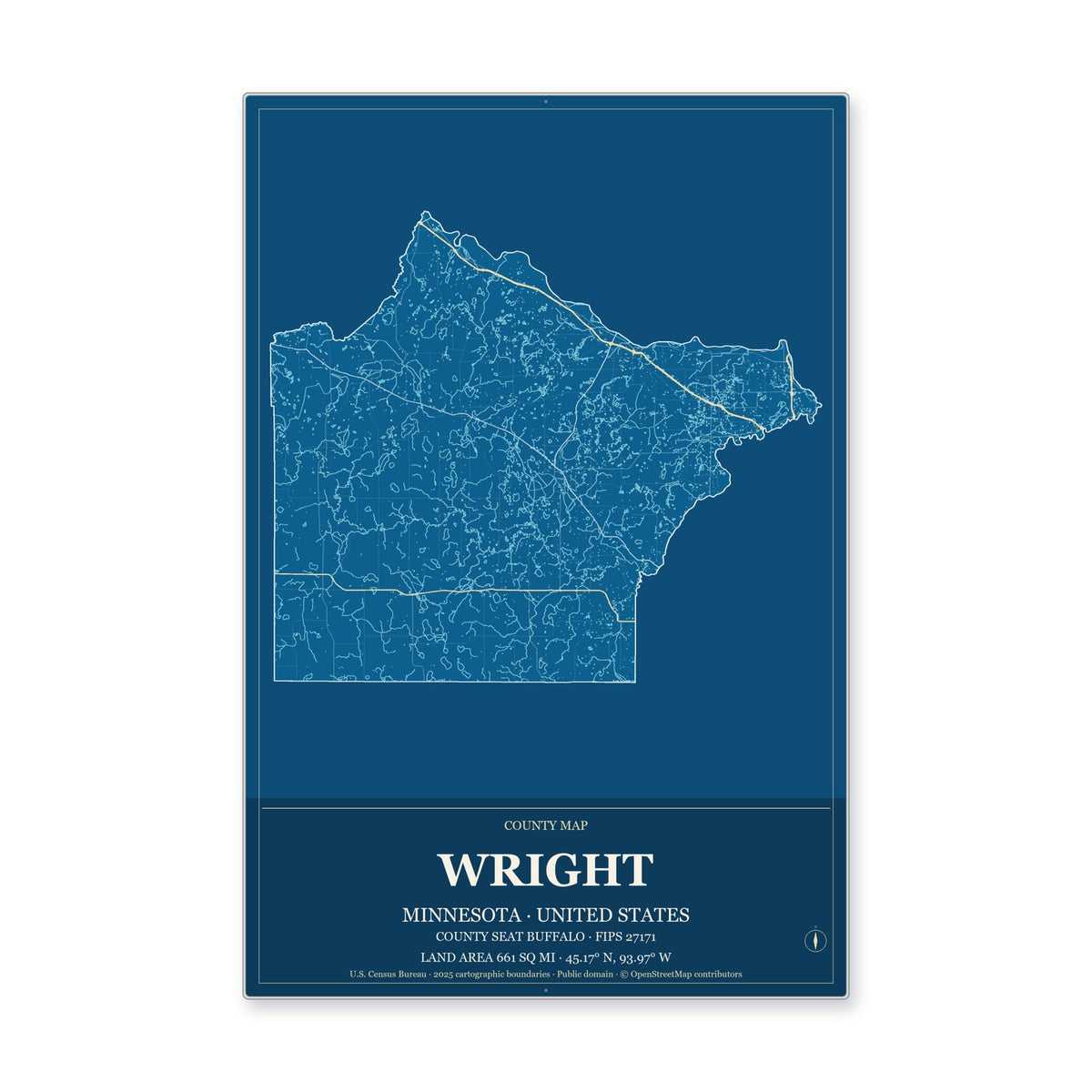 Wright County, Minnesota Map Aluminum Sign in Harbor Cobalt style