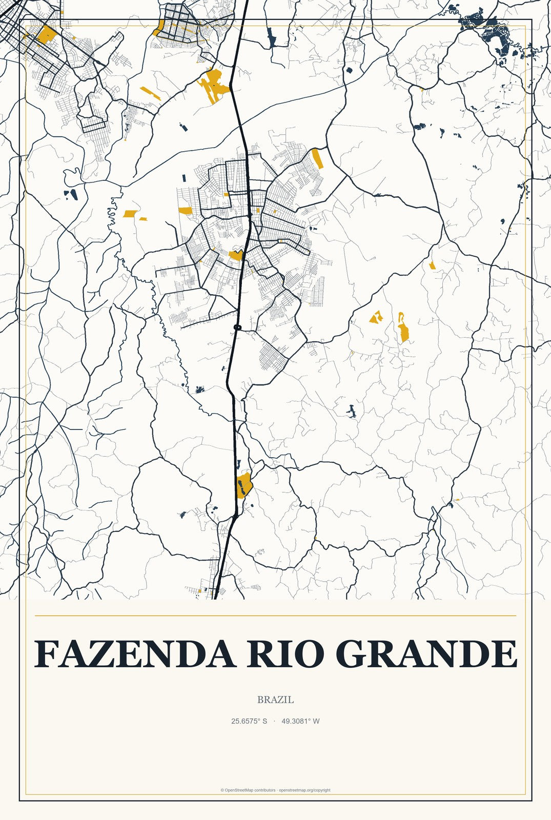 Fazenda Rio Grande, Brazil City Map Aluminum Sign in Citrine Modern style