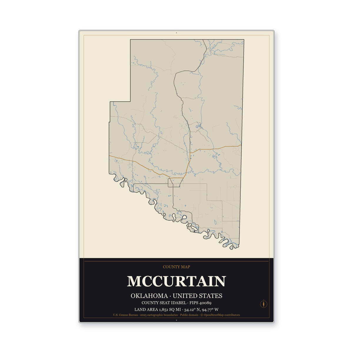 McCurtain County, Oklahoma Map Aluminum Sign in Museum Plaque style