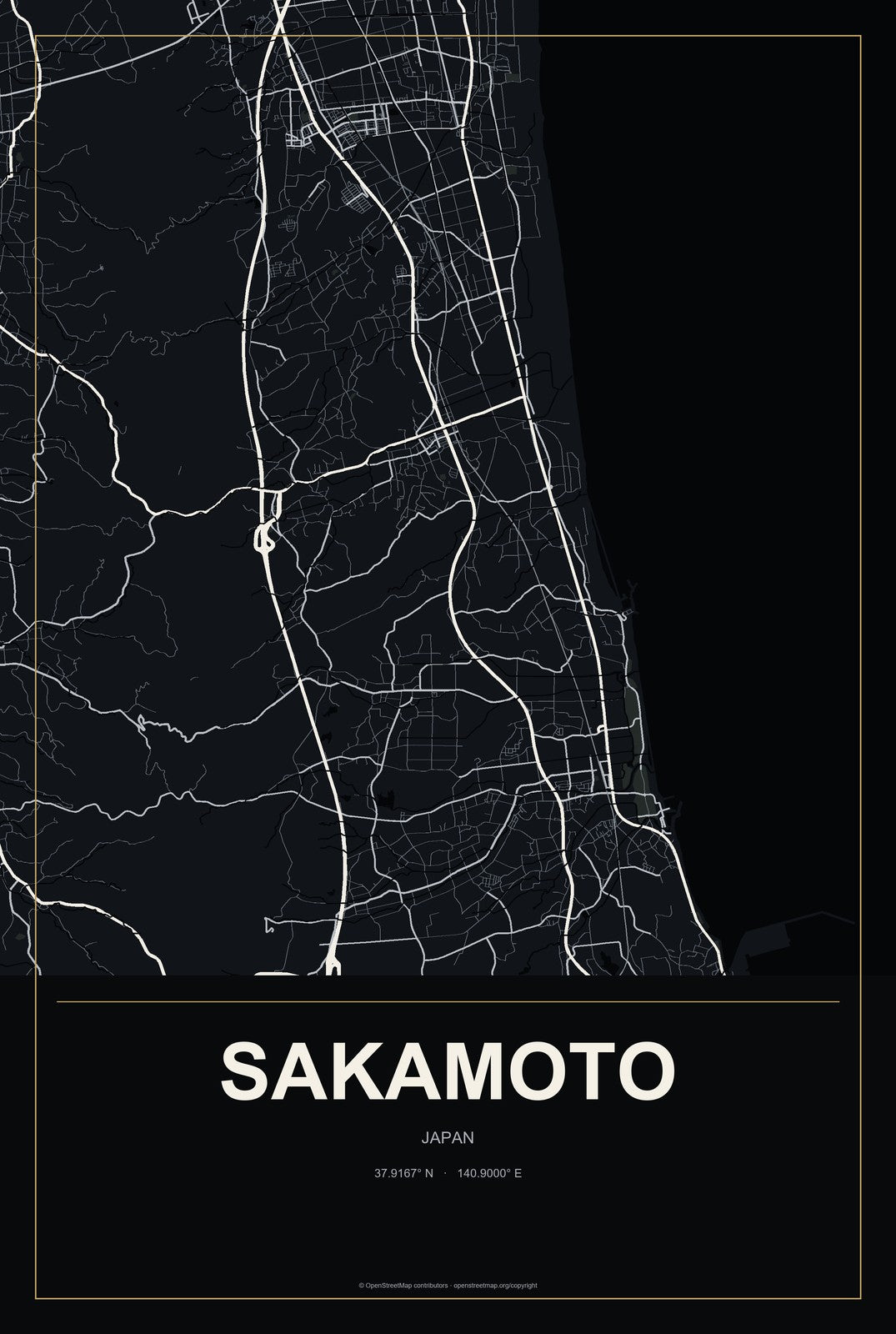 Sakamoto, Japan City Map Aluminum Sign in Metropolitan Noir style