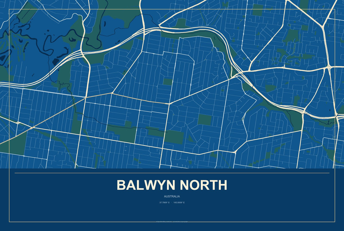 Balwyn North, Australia City Map Aluminum Sign in Harbor Cobalt style