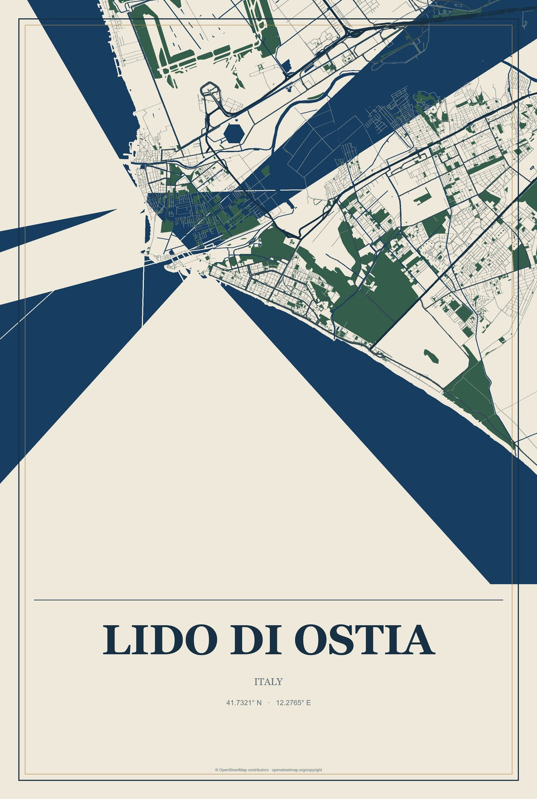 Lido di Ostia, Italy City Map Aluminum Sign in Coastal Cutout style