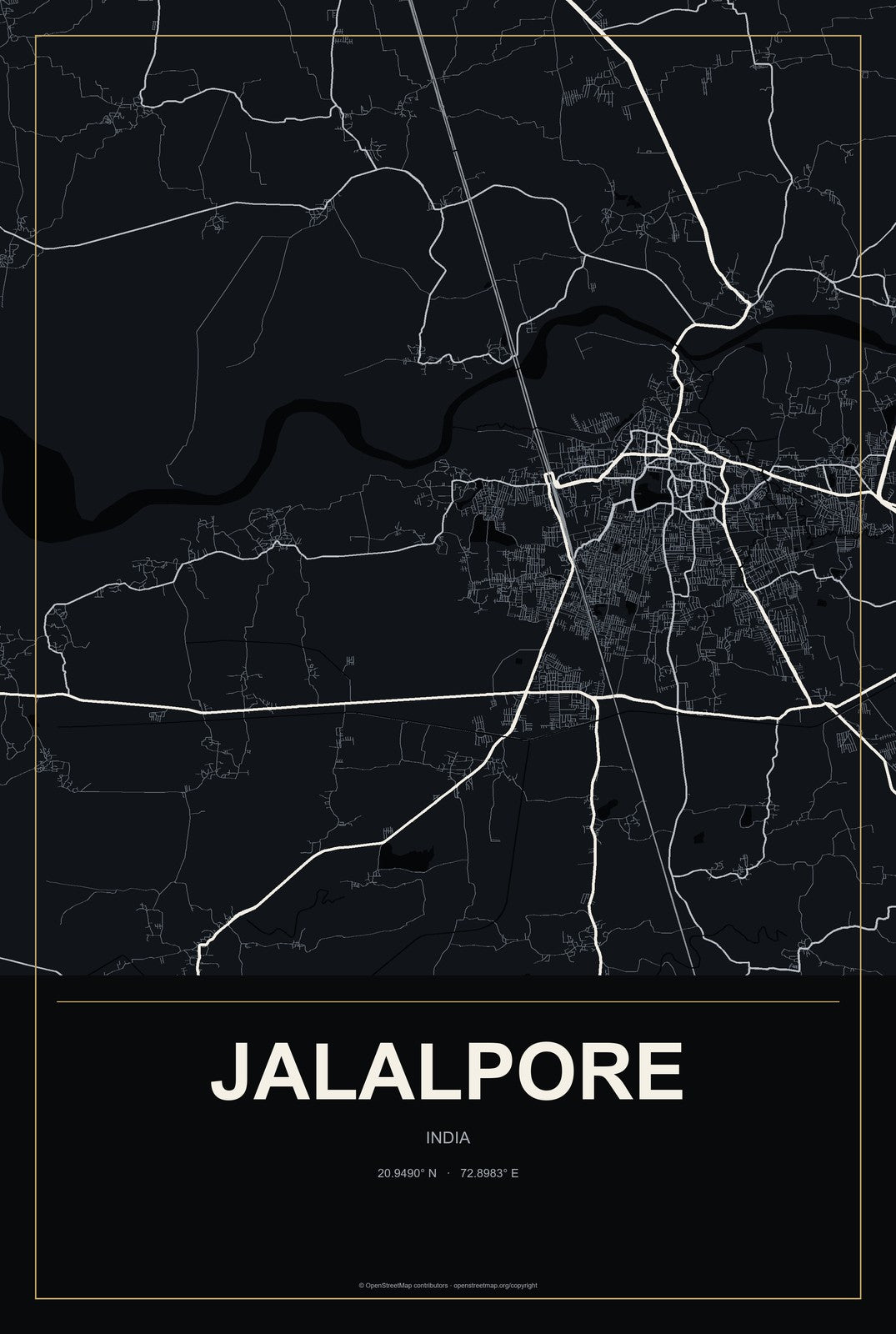 Jalalpore, India City Map Aluminum Sign in Metropolitan Noir style