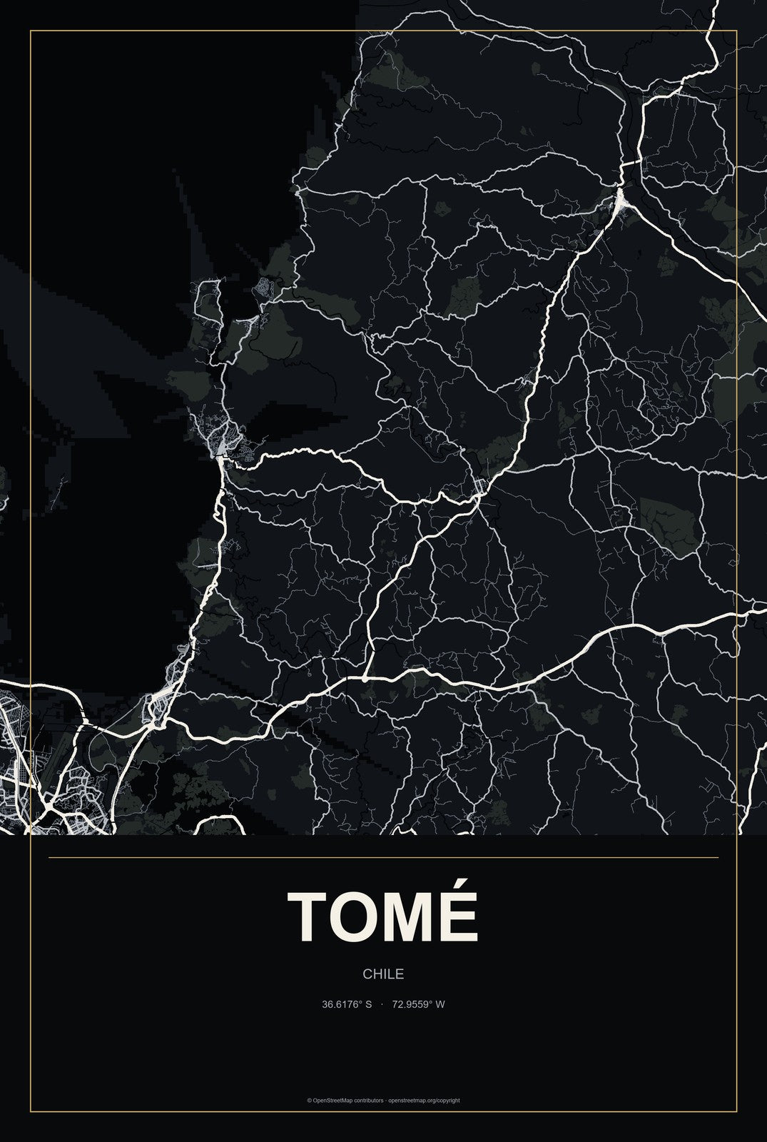 Tomé, Chile City Map Aluminum Sign in Metropolitan Noir style