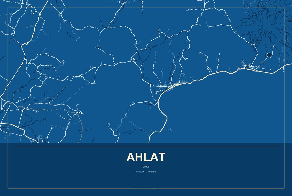 Ahlat, Turkey City Map Aluminum Sign in Harbor Cobalt style