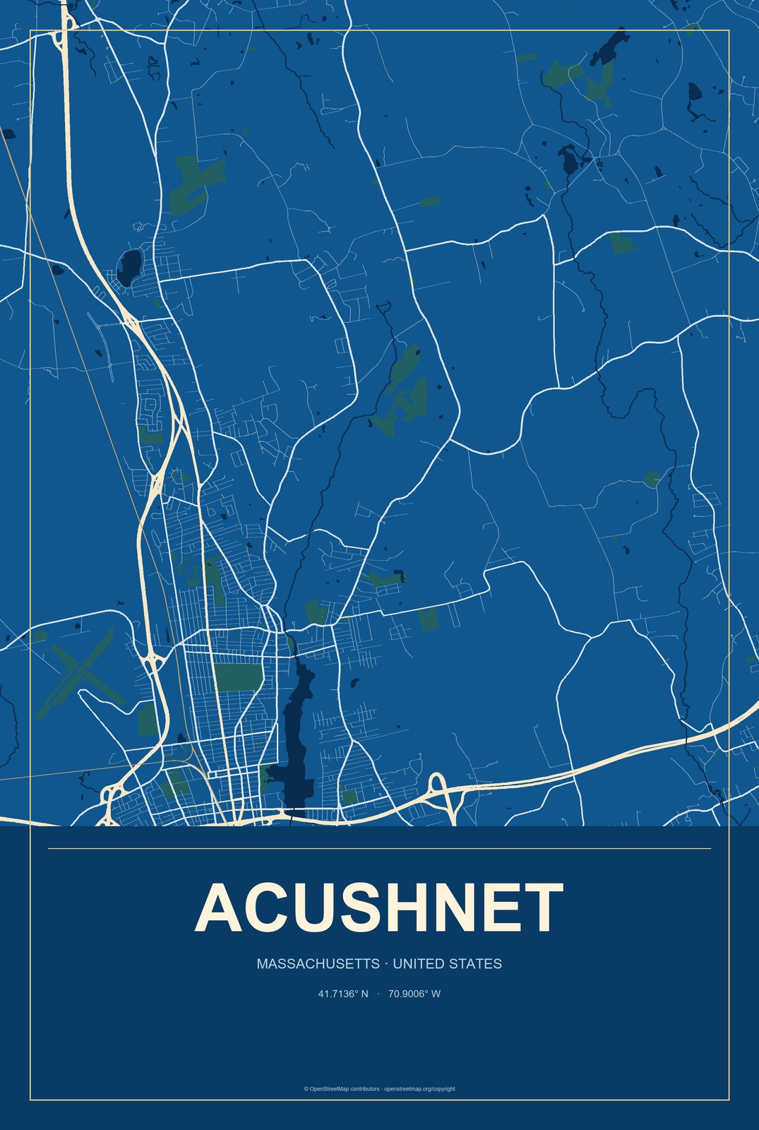 Acushnet, Massachusetts City Map Aluminum Sign in Harbor Cobalt style