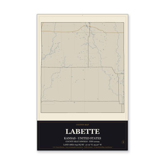 Labette County, Kansas Map Aluminum Sign in Museum Plaque style