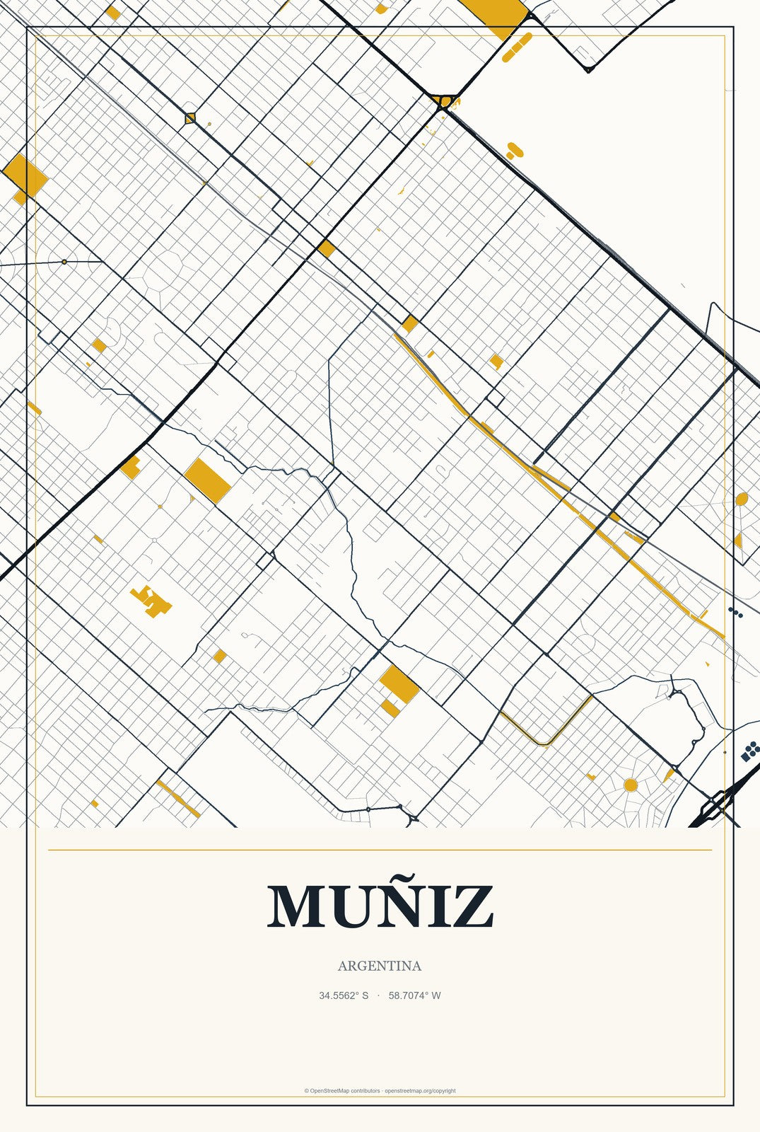Muñiz, Argentina City Map Aluminum Sign in Citrine Modern style
