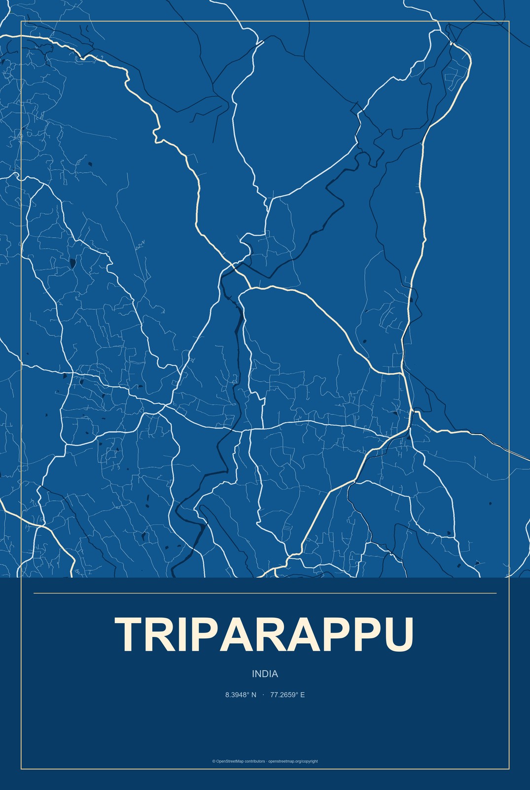 Triparappu, India City Map Aluminum Sign in Harbor Cobalt style