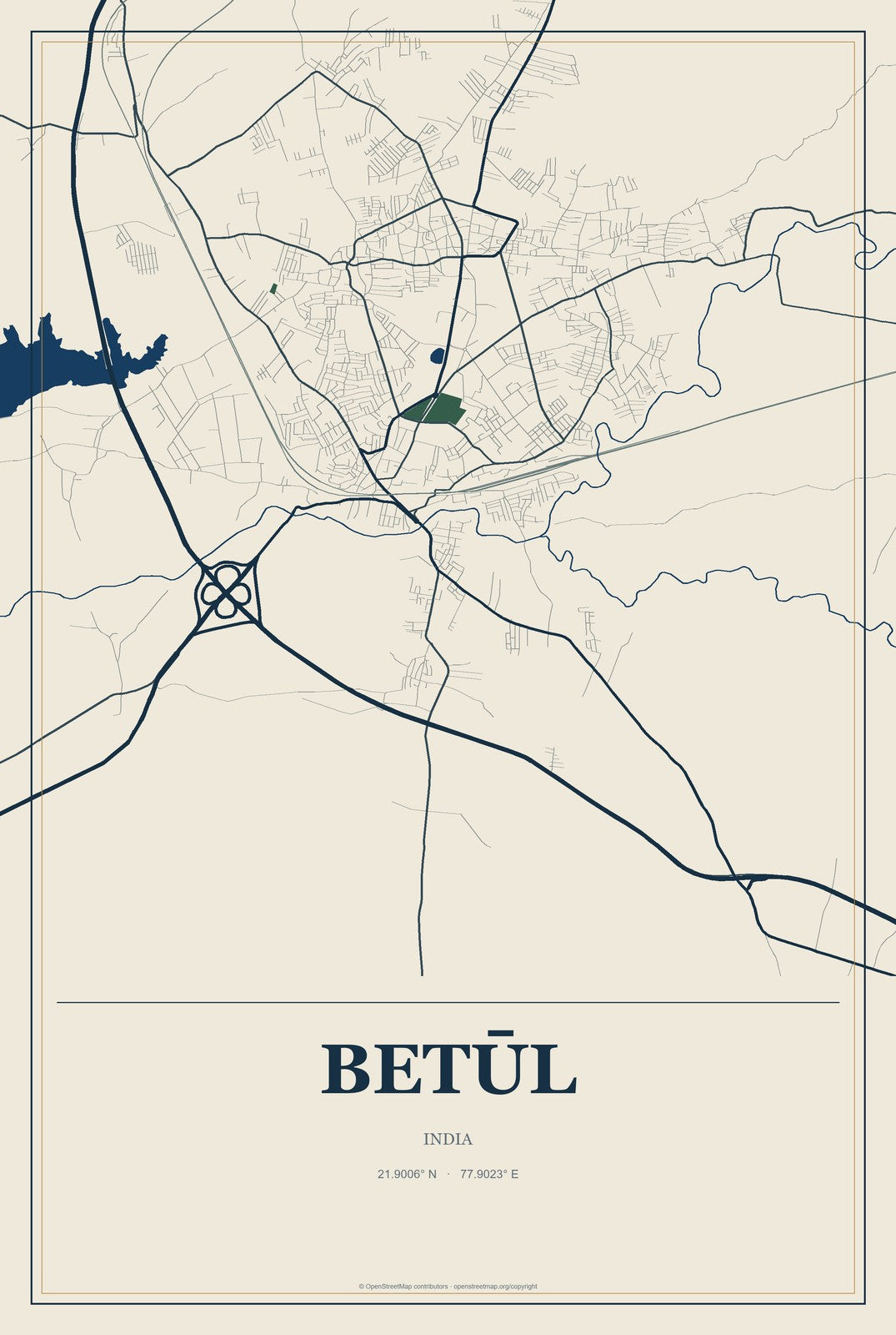 Betūl, India City Map Aluminum Sign in Coastal Cutout style