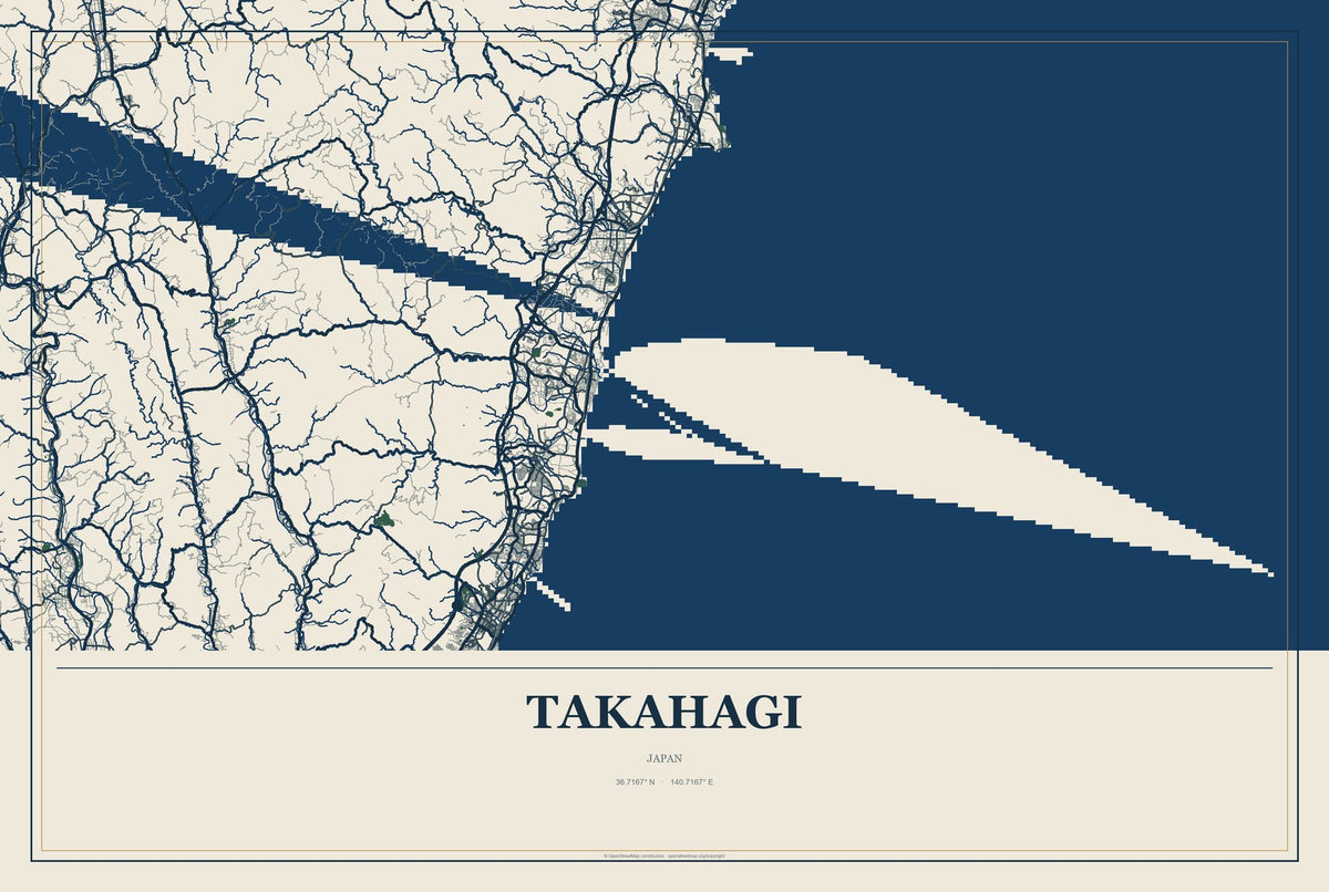 Takahagi, Japan City Map Aluminum Sign in Coastal Cutout style