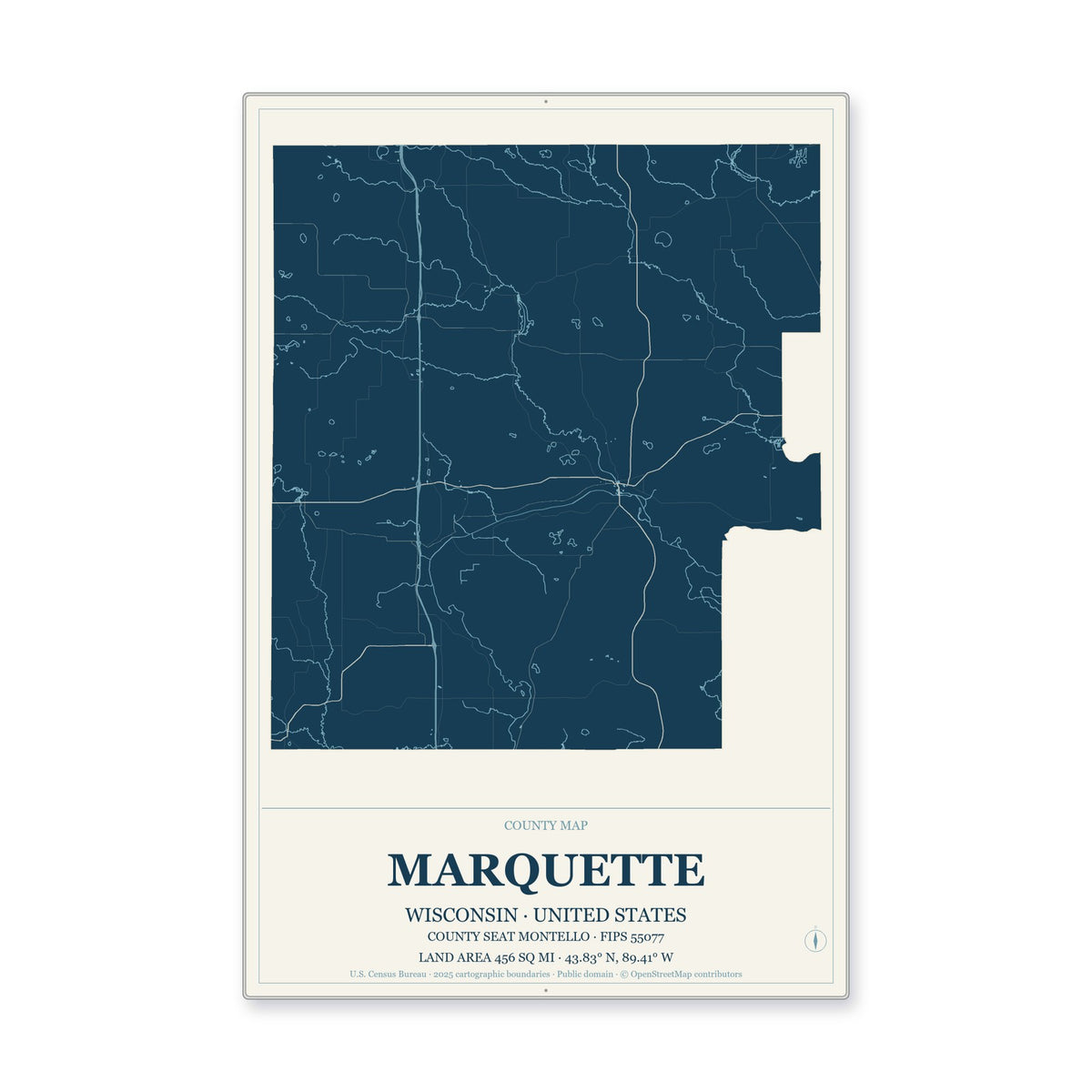 Marquette County, Wisconsin Map Aluminum Sign in Coastal Cutout style
