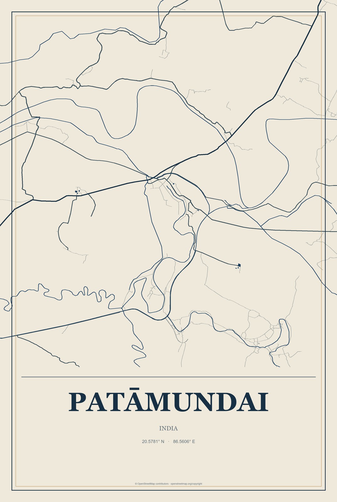 Patāmundai, India City Map Aluminum Sign in Coastal Cutout style