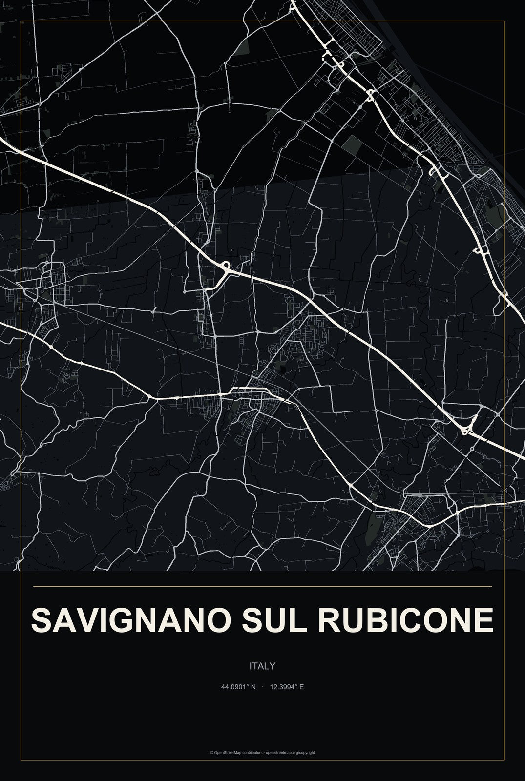 Savignano sul Rubicone, Italy City Map Aluminum Sign in Metropolitan Noir style
