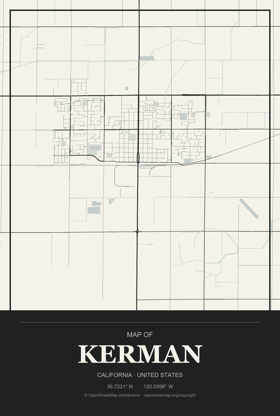 Kerman, California City Map Aluminum Sign in Museum Plaque style