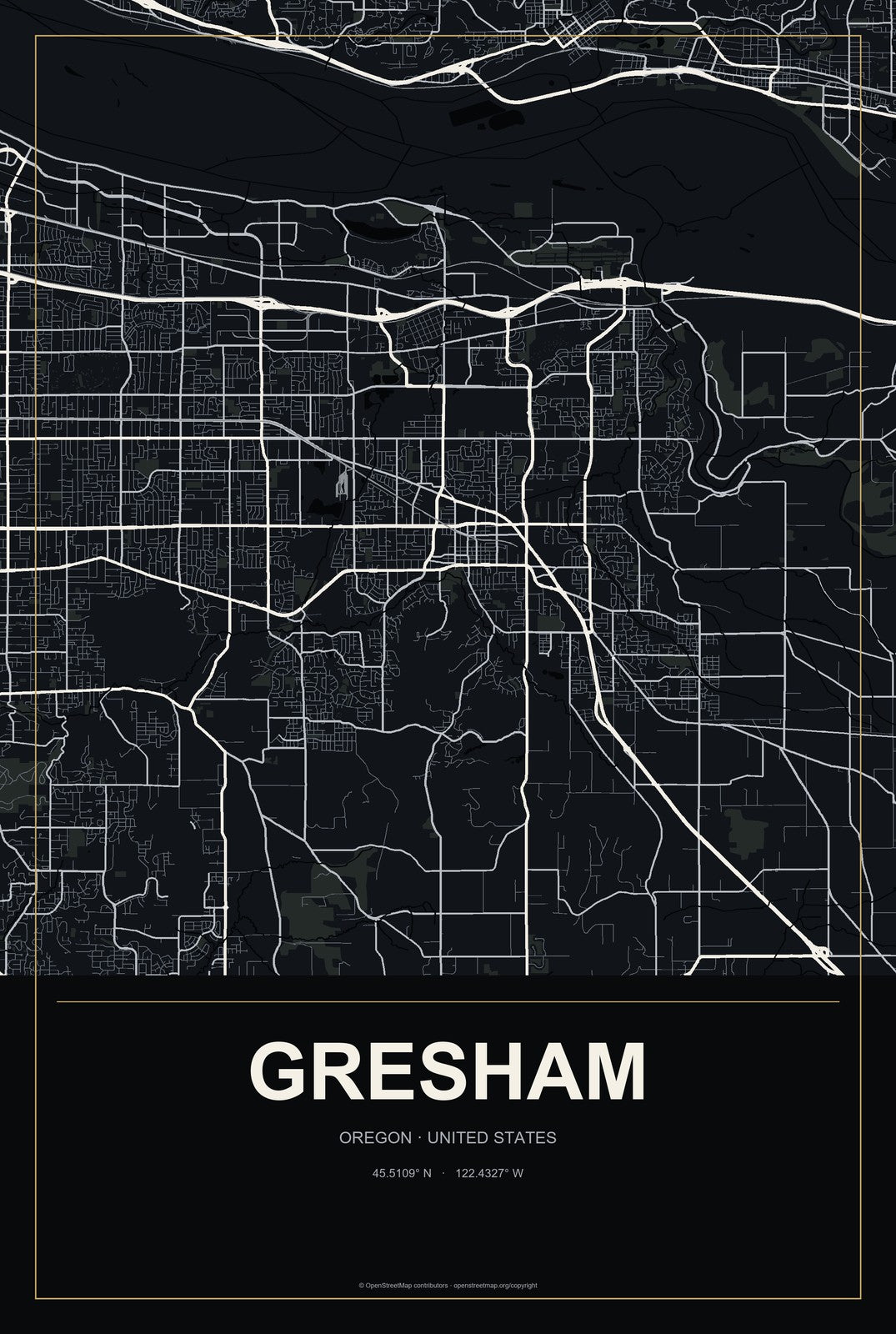 Gresham, Oregon City Map Aluminum Sign in Metropolitan Noir style