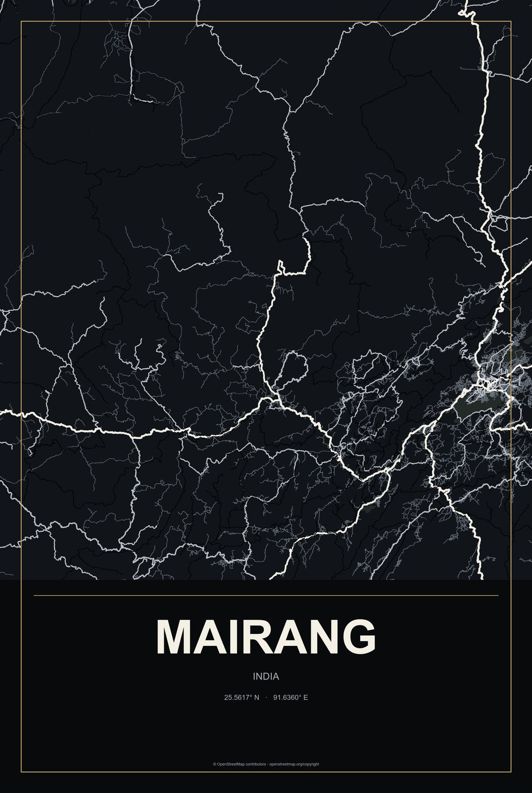 Mairang, India City Map Aluminum Sign in Metropolitan Noir style
